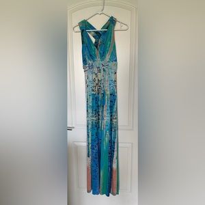 Soma maxi dress in a fun pattern of blues, greens, purples and corals. Like new